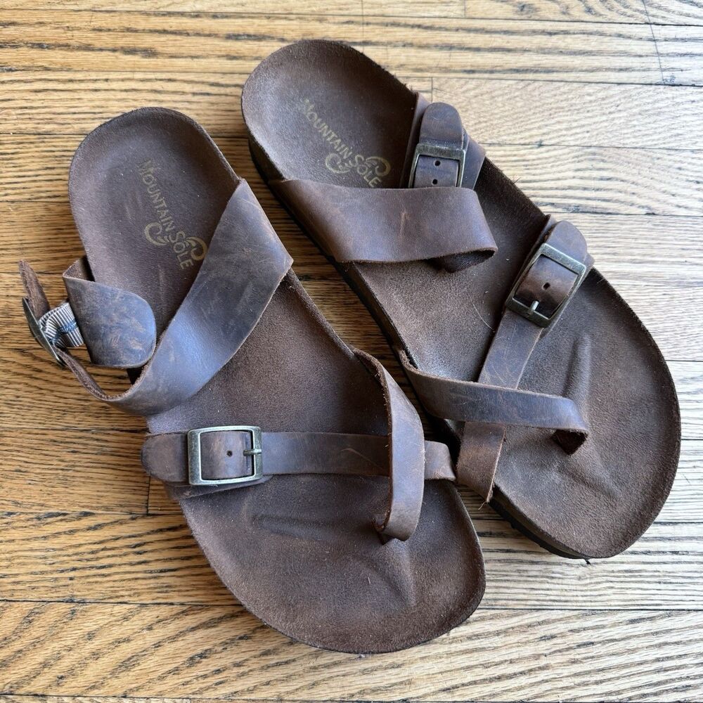 Brown Leather Adjustable Buckle Sandals for Women